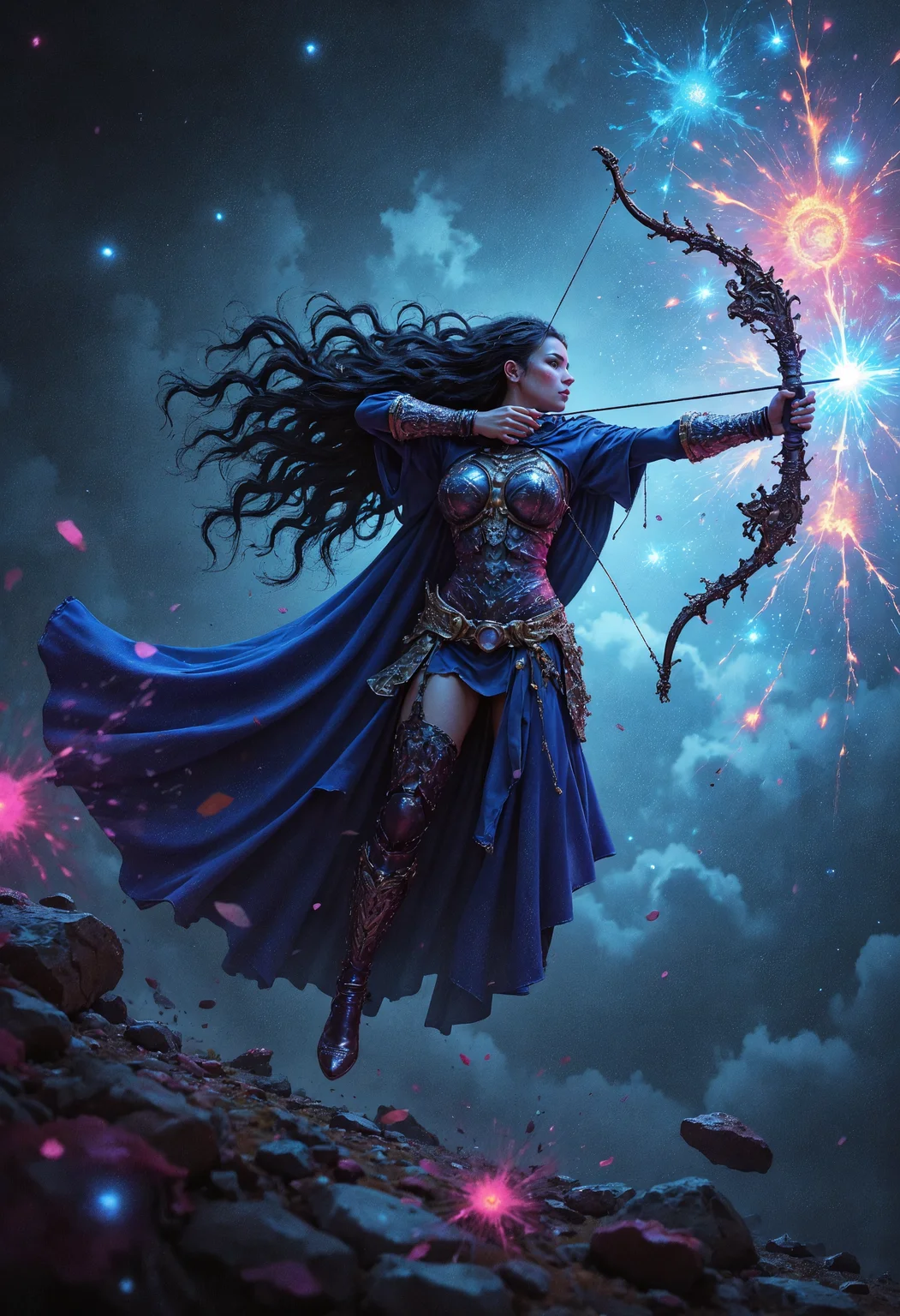 A low-angle action shot of a celestial huntress mid-leap, her bow drawn and glowing with ethereal energy ready to release a brilliant arrow that illuminates her face, Her flowing cloak and braided hair streak dynamically behind her accentuating her momentum, The abstract cosmos serves as a backdrop with swirling nebulae and sparkling stars framing her form, The perspective highlights the luminous ornate patterns on her armor and weapon, The figure is hyperdetailed, with every texture on her bow and shimmering tattoos presented in the best quality and high resolution,