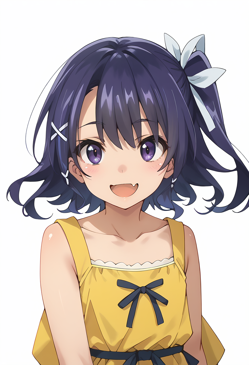 score_9_up,score_8_up,score_7_up,<lora:Riko Yokoya_v1.0_pony-000038:1>,
YAMS_RY,yellow dress,hair ribbon,smile,side ponytail,fang,solo,open mouth,collarbone,facing viewer,purple hair,purple eyes,cowboy_shot,white_background,simple_background