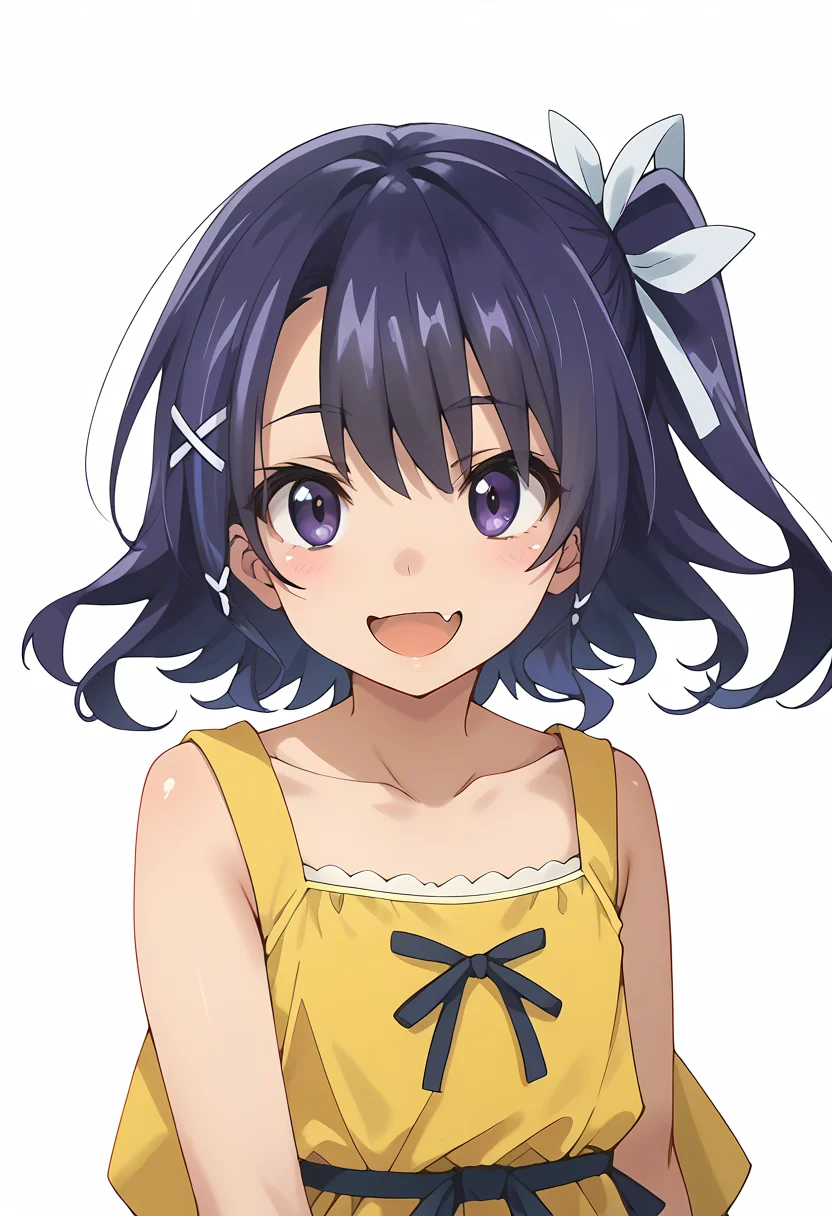 score_9_up,score_8_up,score_7_up,<lora:Riko Yokoya_v1.0_pony-000038:1>,
YAMS_RY,yellow dress,hair ribbon,smile,side ponytail,fang,solo,open mouth,collarbone,facing viewer,purple hair,purple eyes,cowboy_shot,white_background,simple_background
