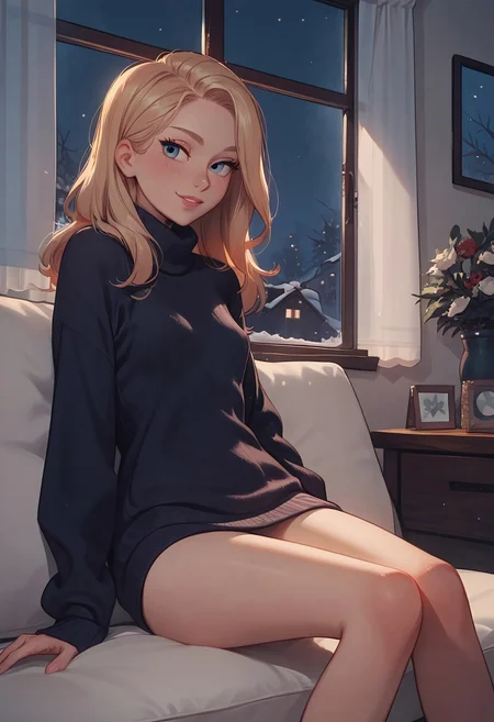 score_9, score_8_up, score_7_up, score_6_up, score_5_up, score_4_up, 1girl, 24 year old, solo, small breast, sitting on the chair, naughty smile, long blonde hair, blue eyes, sweater dress, indoors, night, window, winter, high quality