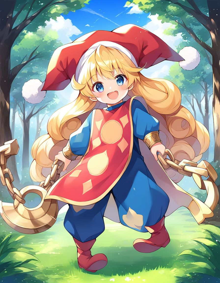 score_9, score_8_up, score_7_up, source_anime, rating_explicit, BREAK  <lora:Charlotte_seiken_densetsu3_XL:1>
Charlotte_seiken, 1girl, blonde hair, solo, blue eyes, long hair, smile, hat, open mouth, tabard, curly hair, 
weapon, jester cap, holding, full body,  looking at viewer, red footwear, holding weapon, blush, long sleeves, chain, :d, red headwear, bangs, star (symbol),
forest,