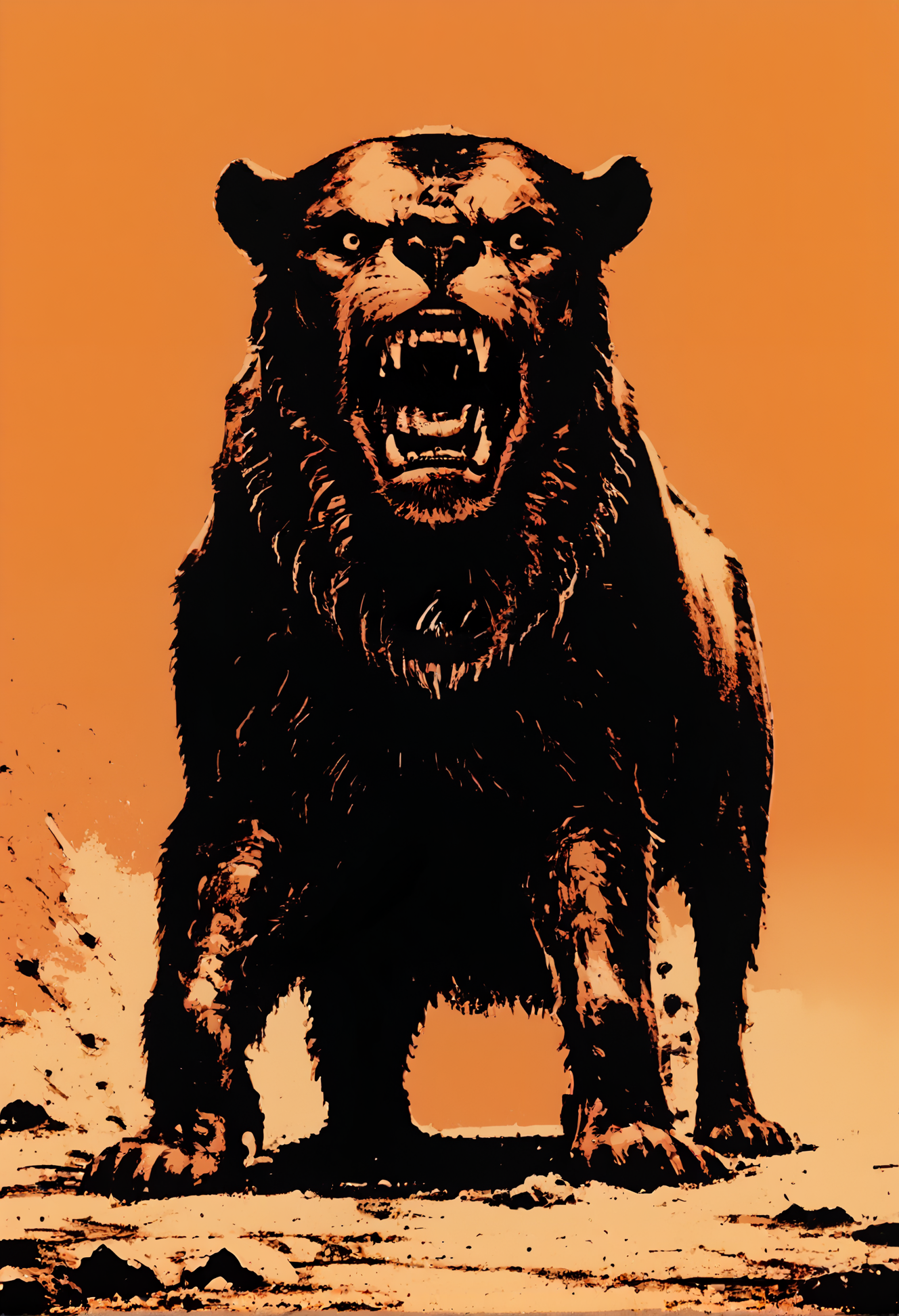 score_9, score_8_up, score_7_up, brown bear, standing, orange theme, monochrome, roaring, angry bear, simple background, full body, animal focus, <lora:dcr34sed-c0l0ring-20:1>, dcr34sed_c0l0ring,