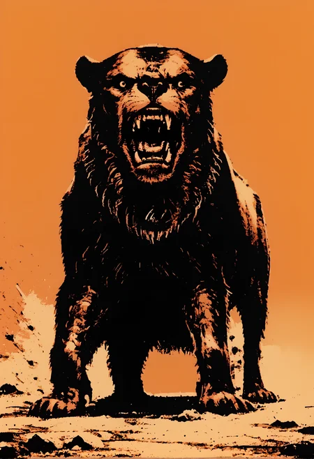 score_9, score_8_up, score_7_up, brown bear, standing, orange theme, monochrome, roaring, angry bear, simple background, full body, animal focus, <lora:dcr34sed-c0l0ring-20:1>, dcr34sed_c0l0ring,