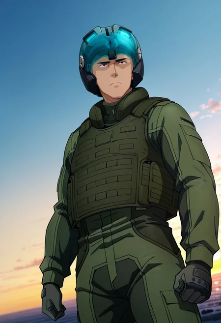 safe_pos, score_9, score_8_up, score_7_up, score_6_up, perfect anatomy, perfect proportions, best quality, masterpiece, high_resolution, high quality, best aesthetic, incredibly absurdres, highres, extremely detailed, huge filesize, solo male, adult, mature, masculine, manly, handsome, charming, alluring, seductive, heroic, serious, grim, stern, unsociability, bluntness, gruffness, standing, upper body, dutch angle, cowboy shot, perfect face, perfect eyes, source_anime, anime coloring, BBBIsami, Isami Ao, brown eyes, sanpaku, black hair, short hair, neat hair, bare forehead, BBBIsami_outfit03, tactical clothing, green pilot jumpsuit, dark green tactical vest, black neck guard, grey tactical gloves, black boots, dark green armored pants, helmet, blue visor, eyes behind visor, science fiction, cinematic, war, mecha, cinematic still, emotional, harmonious, vignette, bokeh, cinemascope, moody, epic, gorgeous, 