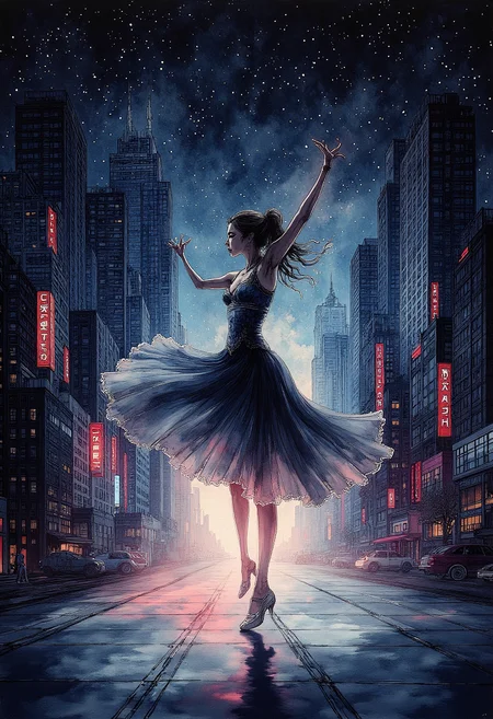 An enchanting minimalistic drawing presents a dancing figure aglow against a simplified backdrop of a futuristic city skyline. The captivating woman in a fluid gown moves gracefully upon tall stilts amidst the silhouettes of sleek skyscrapers, contrasting geometric shapes, and bold splashes of color emanating from neon signs. Long lines depict her flowing garment as it billows in rhythm with each dance step, while her ethereal skin emits a subtle glow against the dark canvas of the cityscape. The playful interplay between shadows cast by her movements and the geometric forms of the architecture creates a dynamic dance between light and form. In this artistic minimalist interpretation, both the citys neon vibrancy and the dancers enchanting performance resonate in harmony, immersing the viewer in a timeless scene of beauty and motion. ,<lora:flux/fav/ZenInkWashSumi-eFlux.safetensors:1.0:1.0>
