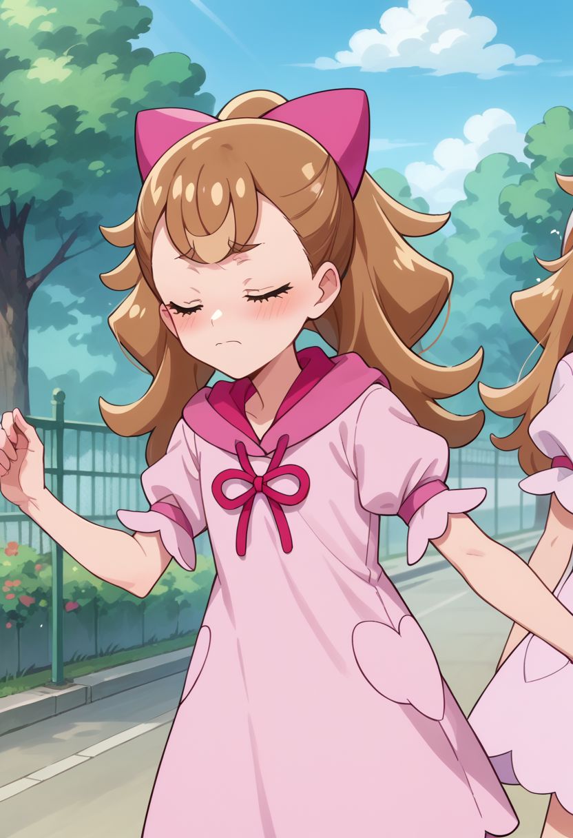 score_9_up, score_8_up, score_7_up, anime screenshot, 
inukaikomugi, hood, outdoors, dress, short sleeves, :d, pink dress, closed mouth, closed eyes, day, blush