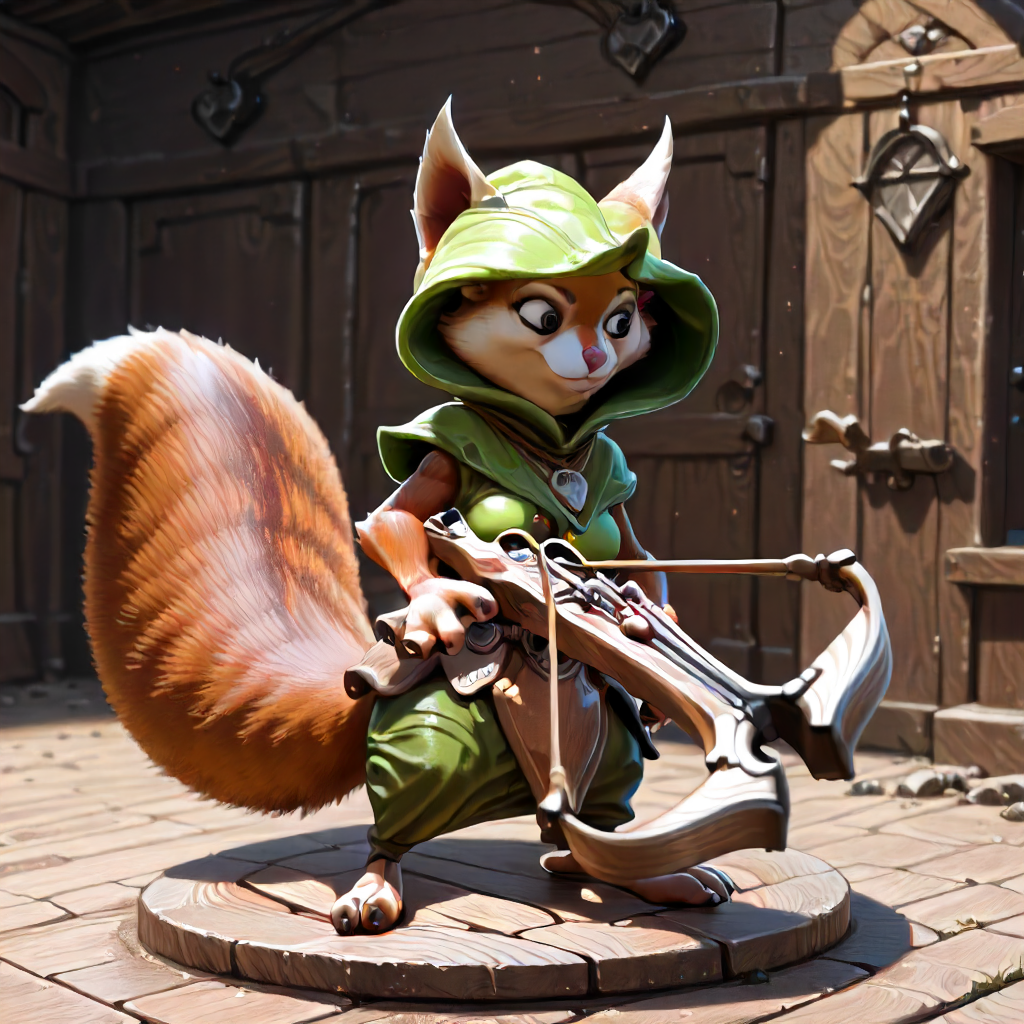 1 girl furry, Hoodwink. squirrel <lora:Hoodwink Illustrious:1>, crossbow