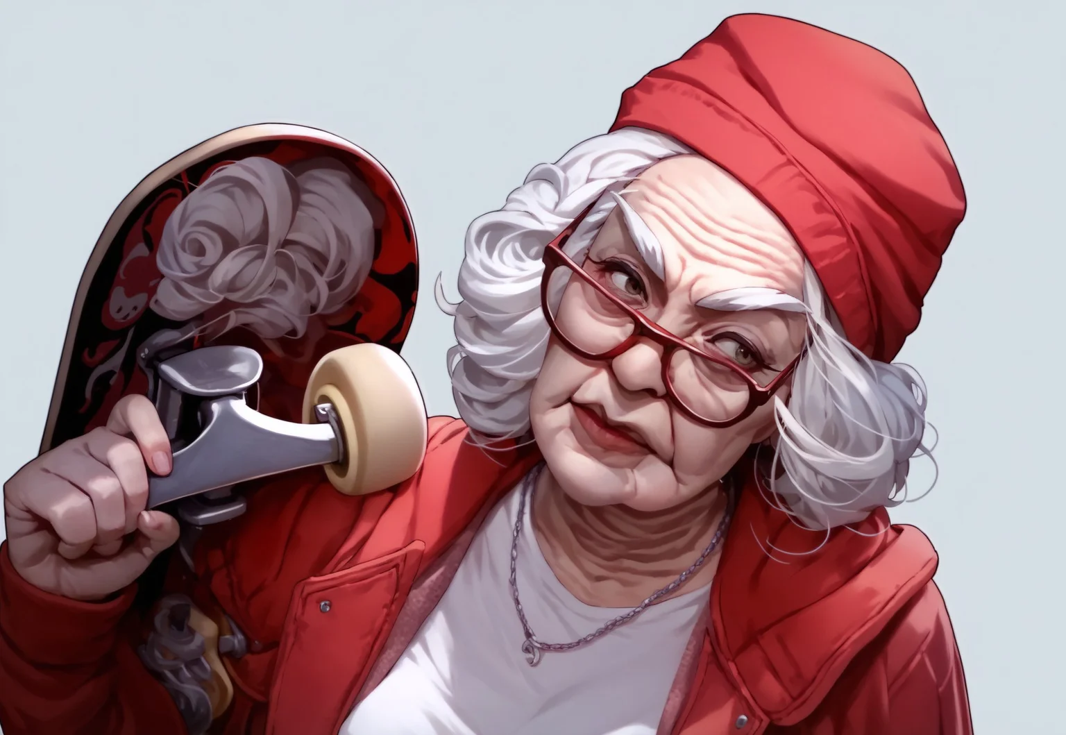 score_9, score_8_up, score_7_up, holding skateboard, upper body, red jacket, red headwear, hood, wholesomegrannies, woman, old woman, glasses, white hair, kind smille, simple background