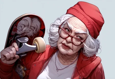 score_9, score_8_up, score_7_up, holding skateboard, upper body, red jacket, red headwear, hood, wholesomegrannies, woman, old woman, glasses, white hair, kind smille, simple background