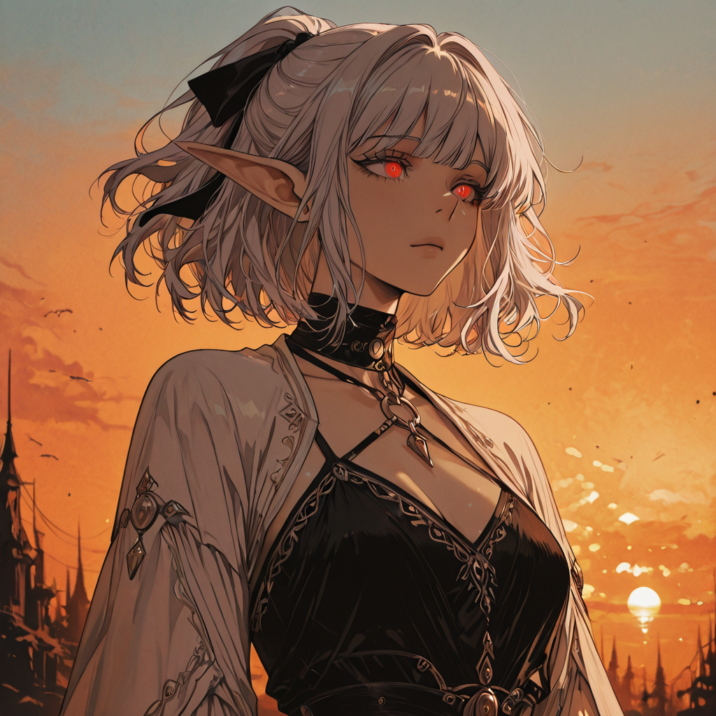 newest, 2023, 2024, high detailed, subtle, high contrast, detailed background, color depth, chiaroscuro, impasto, smooth shading, glossy surfaces, shiny skin, intricate details, masterful shading, detailed background,modern, modern anime, anime, <lora:Face_Enhancer_Illustrious:0.4> , guilt ,This anime screencap is from Danganronpa the Animation. , criis-chan , <lora:cryostyle:0.9>, cryos2  ,   <lora:Atou-ILXL-v1:1>, isekai_mokushiroku_mynoghra, atou_(isekai_mokushiroku_mynoghra), red_eyes,silver_hair,ponytail,pointy_ears,short_stature,hair_intakes,wavy_hair,hair_ribbon,medium_hair,black_clothes,white_shawl_sleeves,halterneck,bangle,jewelry,side_cutout , score_9, score_8_up, score_7_up, hair flowing in the wind, sunset background, dreamy expression, detailed clothing, vibrant colors, golden light
