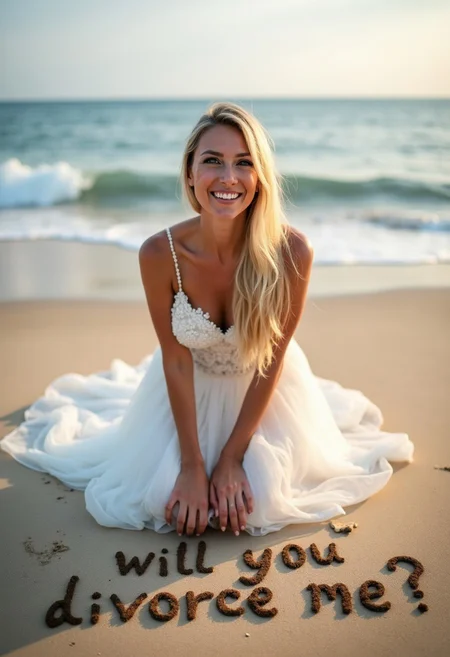 A beautiful woman with long blond hair in a full bridal outfit is on her knees at the beach, looking up at viewer, smiling. In the sand, a message says "will you divorce me"