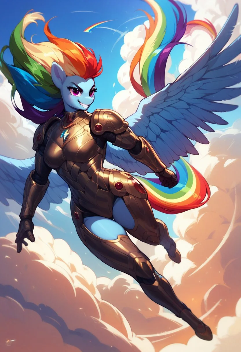 core_9, score_8_up, score_7_up, score_5_up, Rainbow Dash, anthro, semi-realism, pegasus wings with a rainbow gradient, wearing detailed metallic armor, flying dynamically through a sky filled with clouds, highly detailed face, flowing rainbow mane and tail, strong and confident expression, cinematic lighting and vibrant atmosphere, majestic and powerful pose