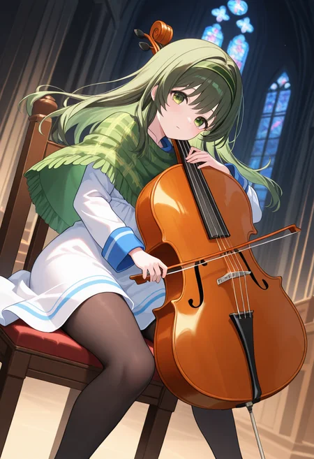 1girl,solo,<lora:shironail-000011:0.9>,tsukisuzu_shirona,green eyes,green hair,long hair,green hairband,dress,white dress,long sleeves,pantyhose,black pantyhose,plaid,green shawl,looking_at_viewer,full_shot,dynamic_angle,sitting,cello,bow_(music),instrument,playing_instrument,holding_bow_(music),night,church,incredibly absurdres,sitting_on_chair,legs_apart,masterpiece,best quality,good quality,newest,