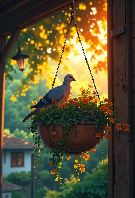 A dove nesting on a hanging plant on a porch of a house, vibrant glow