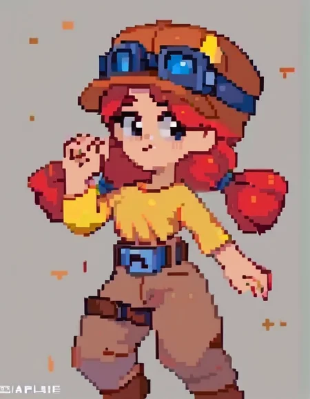score_9, score_8_up, score_7_up, BREAK, ,<lora:bsjessie:1>bsjessie , 1girl , red hair , hat , goggles on headwear, yellow shirt ,brown pants , belt ,pigtails <lora:pixel:1>pixelart
