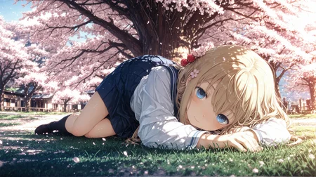 1girl, lying on grass, cherry blossoms, petals falling, outdoor, spring, romantic atmosphere, peaceful scene, soft lighting, natural background, long blonde hair, gentle smile, school uniform, white shirt, navy blue skirt, lying on side, relaxed pose, hair ornament, blush, serene expression, blue eyes, detailed eyes, <lora:ç¼çç»è-Eye_detail-Illustrious:1> <lora:None:1.0> <lora:deadpuritySDXLvpred10-step00002300:0.30000000000000004> <lora:Kantoku_Style_for_Illustrious:0.8000000000000002> <lora:banpaiAkiraOSXL_NBVP1_lokr_V6311P:0.30000000000000004> <lora:WSSKX_WAI:0.30000000000000004> <lora:Aura_Phantasy&Shiiro's_Styles-Illustrious:0.30000000000000004> <lora:ogipoteXL_il_lokr_V5311P:0.5000000000000001> <lora:il_saturation_slider_d1:0.05000000000000001> <lora:il_color_temp_slider_d1:-0.5000000000000001>