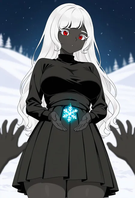 (curly bang above right eye) White hair, (White hair) (white_hair:2) RnZ1 color, RnZ1 lineart, RnZ1 shadows, RnZ1 lighting, Black lineart, RnZ1 eyes, RnZ1 eyelashes, RnZ1 eyebrows, thick thighs, RnZ1, RnZ1 style, RnZ style, Red eyes, (Red eyes), long hair, waist-length hair, white bob haircut curly with bangs, Long hair, (yehda), Yehda, (Iron black skinned femele), Creating several snowflakes in his hands that form a heart,Iron black skinned femele, Long black pleated dress, Long hair, curly hair, Iron black skin female, Iron black skinned femele, (iron black skinned female), (long white bob haircut curly with bangs) iron_black_skinned_female, Dark_skinned_and_white_hair_female, White eyelashes, White eyebrows,, White eyelashes, breasts covered by dress, covered breasts, mature female, lazympos, ambient occlusion, depth of field, pov, lifts, snow,, magic glowing aura, 1girl, best quality, depth of field, Midnight, amazing, slopes, ski resort, blurry background, spring, absurdres, fl4t