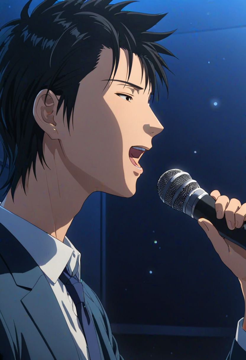 Highres, Masterpiece, High Quality, 4K, Soujiro Agata, 1boy, solo, black hair, singing, Realistic Light, candid photo