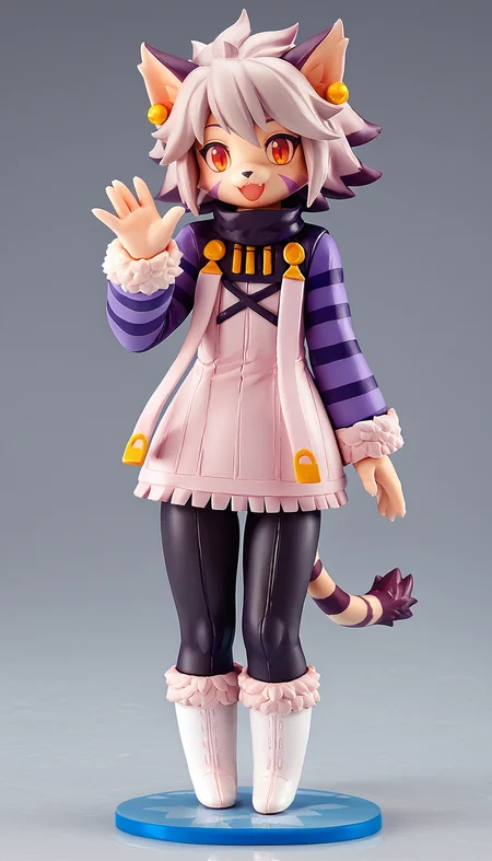 high resolution, score_9, score_8_up, score_8, elh, figure, 1girl, solo, furry female, cat girl, full body, standing, cute, looking at viewer, contrapposto, one arm up, waving, happy, red eyes, orange eyes, body fur, elhattire, fur-trimmed sleeves, fur trim, black pants, white boots, cat ears, white hair, short hair, shiny hair, earrings, facial mark, animal nose, striped tail, striped sleeves <lora:Anime_Figure_P1:1> <lora:ElhPDXL:1>