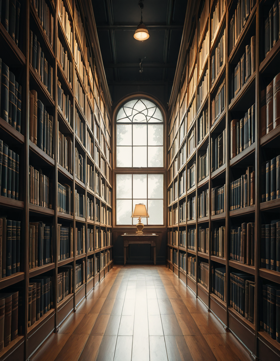 A quiet and dimly lit aisle in a grand university library, lined with tall wooden bookshelves filled with countless books of various sizes and colors. The shelves stretch high, nearly reaching the ceiling, with small ladders placed along the aisle for access to the upper rows. The soft glow of overhead lights casts a warm ambiance, illuminating the dust particles floating in the air. The floor is covered in polished hardwood or a subtle-patterned carpet, absorbing the quiet footsteps of visitors. At the far end of the aisle, a large window lets in a gentle stream of natural light, creating a contrast between the warm artificial glow and the cool daylight. Some books are slightly pulled out from the shelves, and a few are stacked on a nearby wooden table, suggesting recent use. The atmosphere is serene and intellectual, evoking a sense of knowledge, discovery, and timeless academia. The composition is symmetrical, drawing the eye down the center of the aisle, creating depth and perspective.
<lora:SDXLFaeTastic2400:0.4> <lora:extremely_detailed:0.4> extremely detailed, <lora:University_Library_41sl3-ill:1>,University Library 41sl3, Masterpiece,best quality,hi res,8k,hi res,8k,award winning,(sharp focus, intricate, highly detailed),