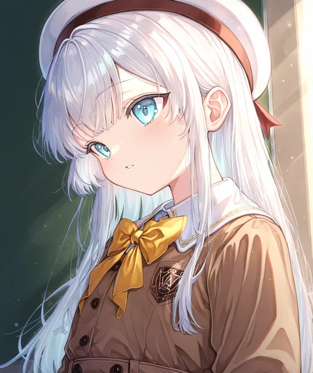 intricately detailed illustration, shiny skin, masterpiece, best quality, amazing quality, very aesthetic, newest, scenery, (volumetric lighting:1.1), full color, clear line, solo, <lora:nia_liston_v01:1>, nia_liston, long hair, white hair, bule eyes, school uniform, beret, simple background, <lora:LECO_BadHands:1.2>, <lora:LECO_GoodHands:-1.2>, <lora:cfg_scale_boost:0.7>