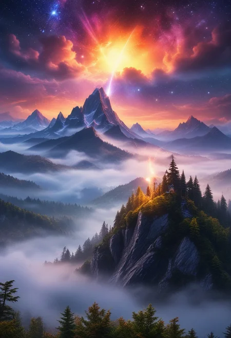 landscape, mountain, fireflies, magic fog, sunset, nebula, galaxy, detailed, high quality, best quality, masterpiece, rainbow, flying dragon,