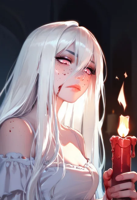 score_9, score_8_up, score_7_up, score_6_up, PRSNL,  1girl, blood, solo, long hair, blood on face, Holding a burning candle, looking down , looking at candle, white hair, nosebleed, pink eyes, hair between eyes, lips, closed mouth, freckles, bangs, very long hair, standing in the dark castle, darkness, glow, dark theme, masterpiece, artistic, unusual, extraordinary, magical