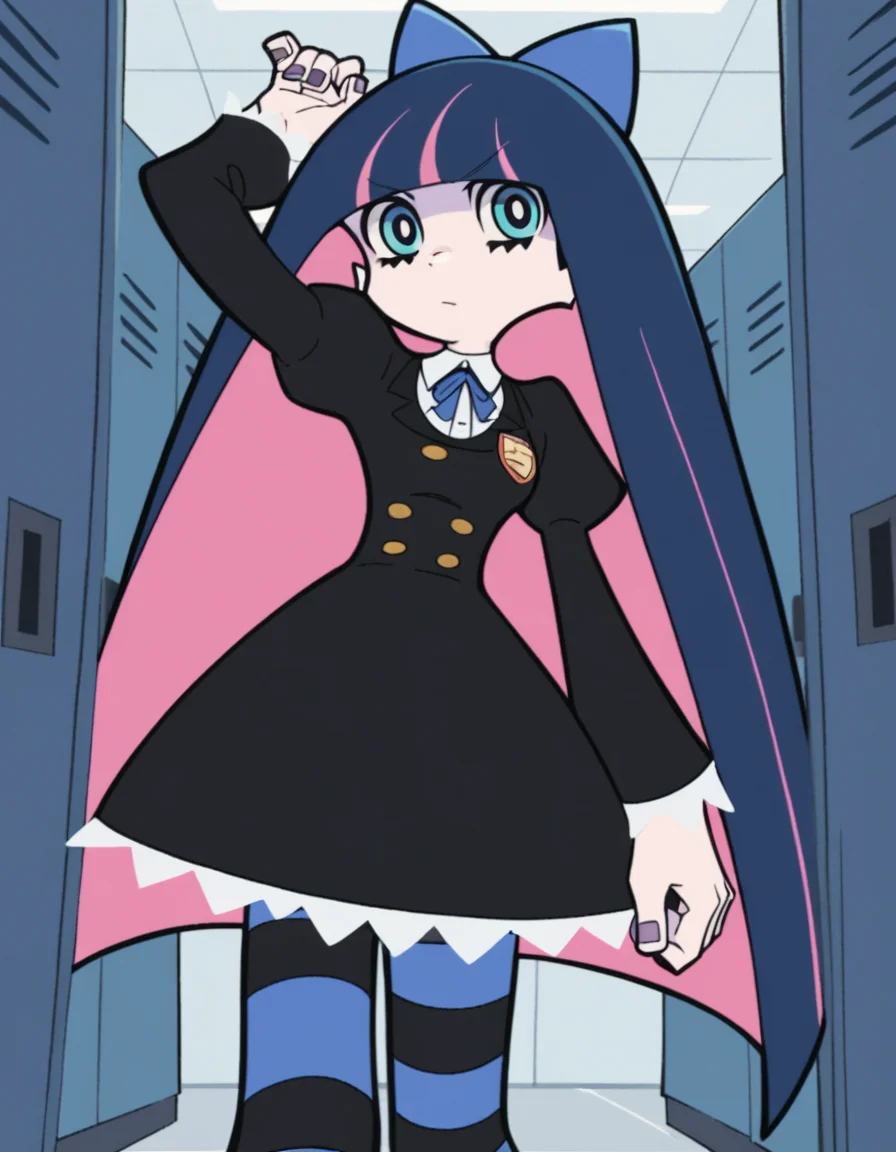 score_9, score_8_up, score_7_up, source_anime, <lora:stocking-anarchy-anime-ponyxl-lora-nochekaiser:1>, stocking anarchy, blue eyes, blue hair, colored inner hair, hair bow, long hair, multicolored hair, pink hair, two-tone hair, bangs, blunt bangs,, striped, striped thighhighs, thighhighs, dress, black dress, puffy sleeves, long sleeves, skirt, shirt, collared shirt, white shirt,, school hallway, lockers, between classes, everyday life, , , arm up, foot crossed over, hand clenched, solo,, cowboy shot, dutch angle