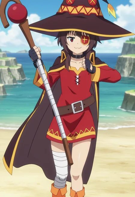score_9, score_8_up, score_7_up, source_anime,
BREAK
1girl, solo, anime screencap, anime coloring,
<lora:shiMeguminV1:0.8>,
shimegudef, defaultdress, short hair, brown hair, red eyes,
collarbone, black gloves, choker, belt, fingerless gloves, cape, collar, witch hat, red dress, eyepatch, holding staff,
bandaged leg, single thighhigh, asymmetrical legwear,
looking at viewer, smug,