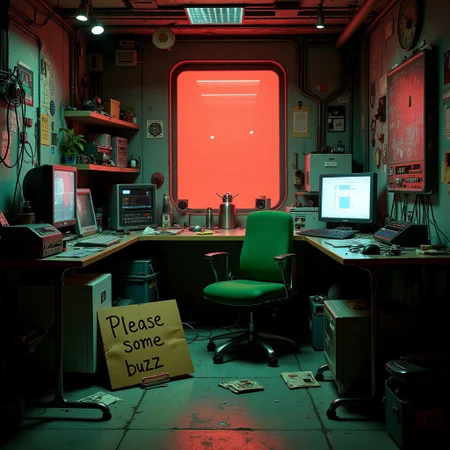 futuristic setting. inside a messy cyber-room is a green empty chair. there a futuristic computers and cables everywhere. a red glow is outside. in the room there is a futuristic messy table. on the floor there is a folding sign out of cardboard. on the sign is written "Please some buzz"