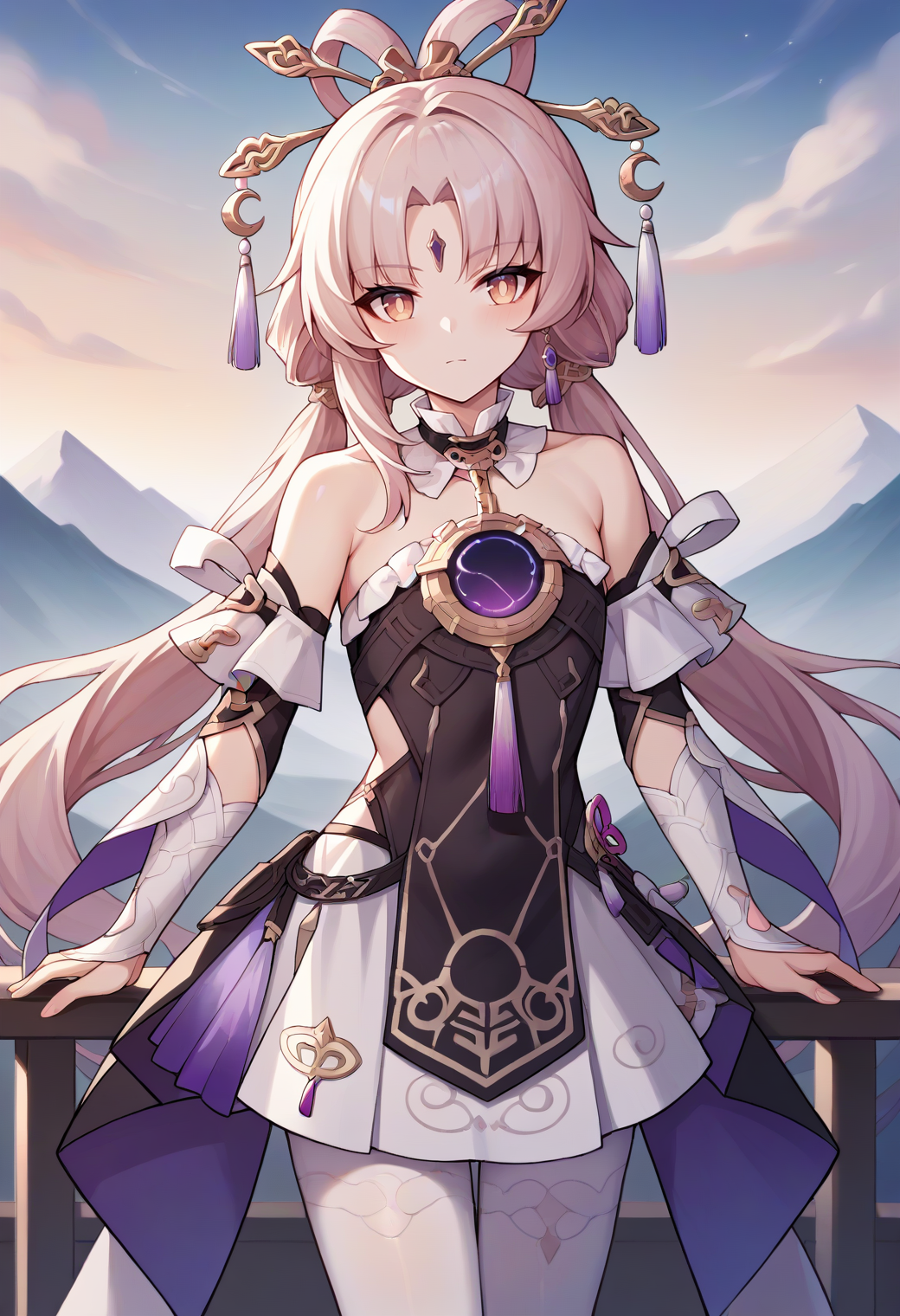 score_9,score_8_up,score_7_up,score_6_up,score_5_up,score_4_up, source_anime,
1girl, fu xuan \(honkai: star rail\), hair ornament, long hair, dress, chest jewel, pantyhose, detached sleeves, forehead mark, choker, flat chest, 
cowboy shot, outdoors, solo, straight-on, looking at viewer, mountainous horizon, sunset, 
<lora:fuxuanponyxl:1>