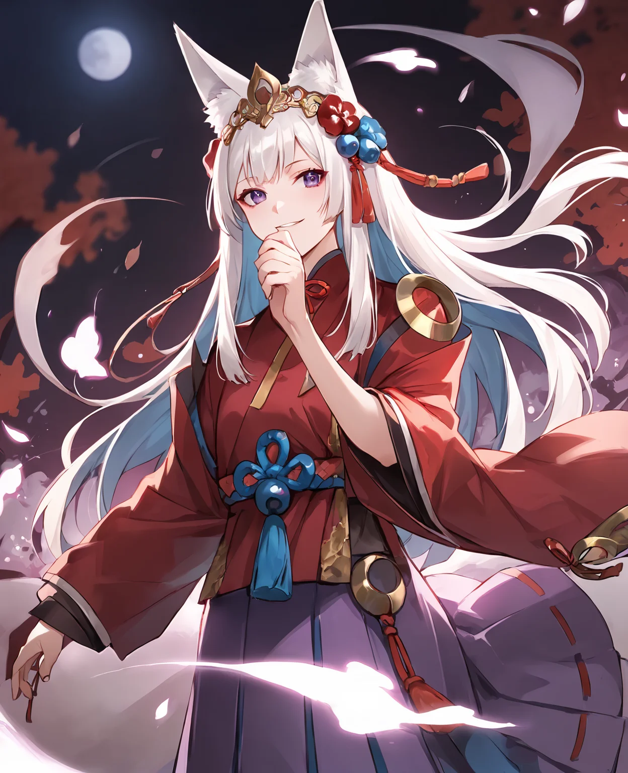 score_9,score_8_up,score_7_up,source_anime,rating_safe BREAK masterpiece,highres,best quality,high quality,dramatic angle,cinematic lighting,1girl,<lora:ShadowverseGinsetsu_Pony_V3:0.86>,white hair,animal ears,gold trim,hair ornament,tassel,red kimono,red dress,purple skirt,purple hakama,clothing cutout,wide sleeves,long sleeves,purple eyes,looking at viewer,fingernails,holding fan,covering mouth,hand fan,smile,night,moon,depth of field,looking at viewer,