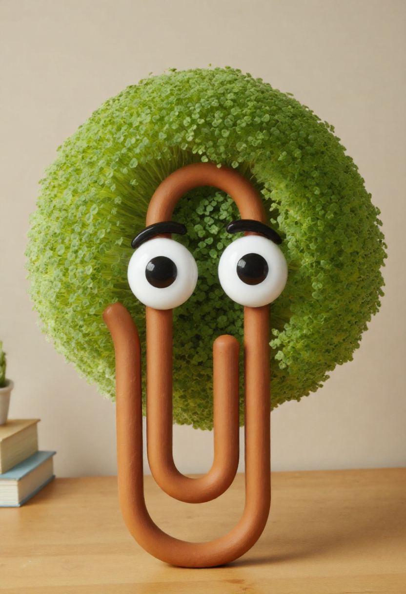 <lora:Chia_Pet_Planter_FLUX-000013:0.9><lora:Clippy20_-_Microsoft_Office_F1D:1>
Photograph of a terracotta clay clippy with big eyes adorned with a lush, vibrant green plant. It is is sitting on a table.
