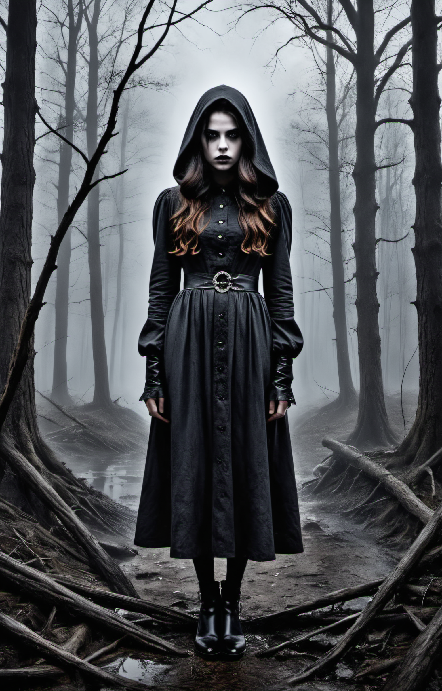 Horror-themed create an award-winning photograph of a young woman exploring an original and unconventional theme that captivates and amazes the viewer.  Push boundaries of traditional concepts,infusing the image with creativity and wonder,leaving a lasting impression on those who behold it.,absurdres,intricately detailed,32K, . Eerie, unsettling, dark, spooky, suspenseful, grim, highly detailed