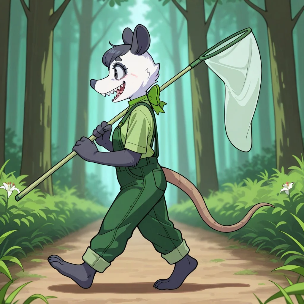 Lily(PP), Solo, 1girl, anthro, female furry, Possum, virginia opossum, white and black fur, black hair, short hair, black eyes, black ears, black nose, possum tail, full body, green shirt, green overalls, Green neckbow, holding butterfly net, from side, walking, forest background, smiling, sharp teeth, excited look,