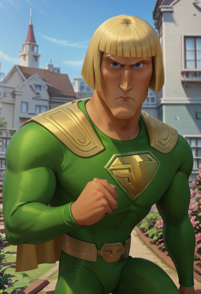 ((city background)),score_9, score_8_up, score_7_up,score_6_up, 1boy, solo, mrjustice_HI, olive skin, blue eyes, golden hair, hairstyle bob cut, short hair, wide shoulders, broad chest, defined arms, lime green superhero suit, golden logo "J" on his chest, golden cape, golden belt, golden boots, expression serious, upset, big eyes, close-up, cowboy shot, perfect eyes, looking at the viewer, tall stature, hand up, detailed eyes, perfect eyes