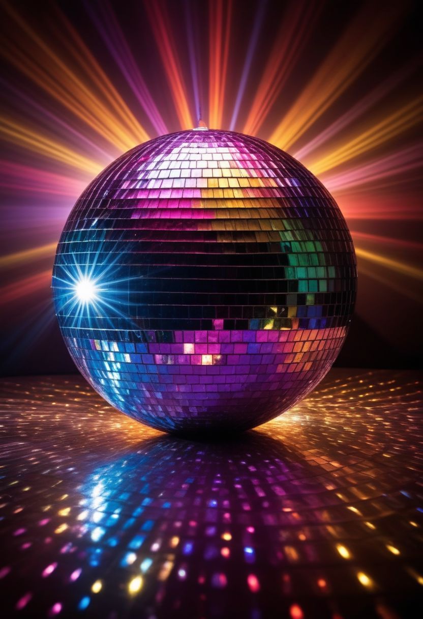Capture the mesmerizing allure of a disco ball in a close-up shot, showcasing its dazzling array of reflective surfaces that scatter and refract light in a kaleidoscope of colors. The intricate facets of the disco ball's surface glimmer with a prismatic sheen, casting a myriad of shimmering reflections across the surrounding space. As vibrant, multicolored lights illuminate the disco ball, the dance floor comes alive with a pulsating energy, creating a vibrant and dynamic atmosphere. The disco ball's smooth, mirror-like tiles catch the light at different angles, creating a captivating play of light and shadow that adds depth and dimension to the scene. The air is filled with the rhythmic beat of music, the sound of laughter, and the infectious energy of the dancers as they move in rhythm to the music, their silhouettes flickering in the dazzling light show.