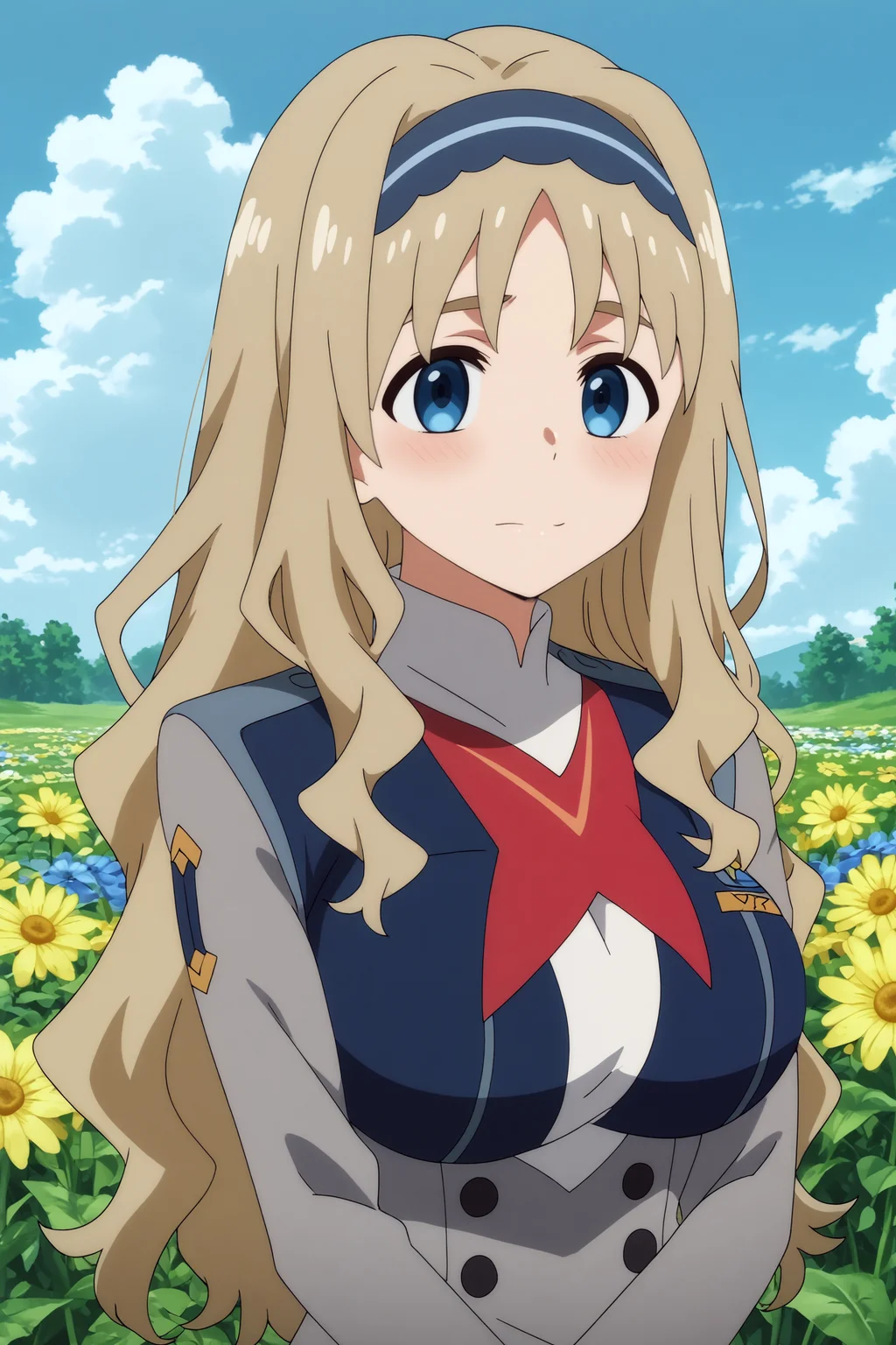 kokoro,1girl,solo,long hair,hairband,blonde_hair,uniform,military_uniform,military,breasts,large breasts,arms_under_breasts,smile,upper body,cowboy shot BREAK outdoors,blue sky,cloudy_sky,yellow flower,flower field,tree <lora:Kokoro_-_Darling_in_the_franxx.safetensors:0.8> <lora:detailed_backgrounds_v2.safetensors:0.5>