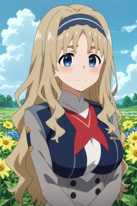 kokoro,1girl,solo,long hair,hairband,blonde_hair,uniform,military_uniform,military,breasts,large breasts,arms_under_breasts,smile,upper body,cowboy shot BREAK outdoors,blue sky,cloudy_sky,yellow flower,flower field,tree <lora:Kokoro_-_Darling_in_the_franxx.safetensors:0.8> <lora:detailed_backgrounds_v2.safetensors:0.5>