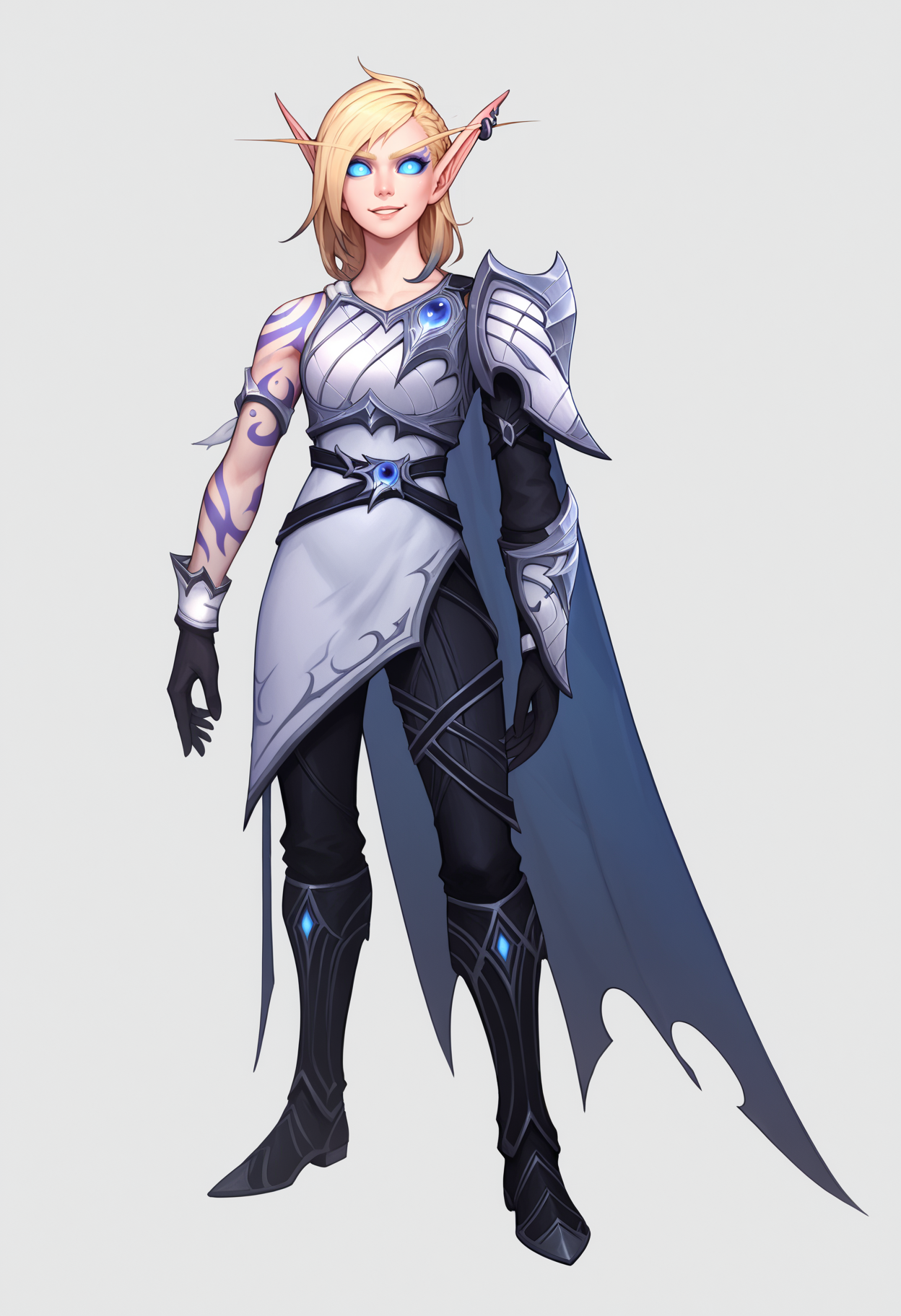 score_9, score_8_up, score_7_up, BREAK,
1girl, alleria, blonde hair, blue eyes, blue sclera, earrings, elf, no pupils, pointy ears,
arm tattoo, armor, asymmetrical clothes, black gloves, black pants, cape, knee boots, single pauldron,
smile, standing, full body, looking at viewer, solo, simple background, white background  <lora:AlleriaXL_byKonan:1>