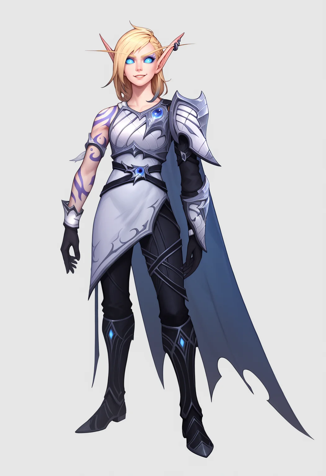 score_9, score_8_up, score_7_up, BREAK,
1girl, alleria, blonde hair, blue eyes, blue sclera, earrings, elf, no pupils, pointy ears,
arm tattoo, armor, asymmetrical clothes, black gloves, black pants, cape, knee boots, single pauldron,
smile, standing, full body, looking at viewer, solo, simple background, white background <lora:AlleriaXL_byKonan:1>