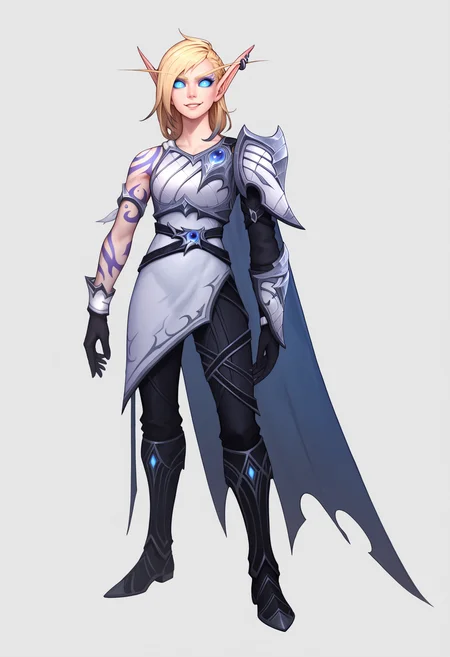 score_9, score_8_up, score_7_up, BREAK,
1girl, alleria, blonde hair, blue eyes, blue sclera, earrings, elf, no pupils, pointy ears,
arm tattoo, armor, asymmetrical clothes, black gloves, black pants, cape, knee boots, single pauldron,
smile, standing, full body, looking at viewer, solo, simple background, white background <lora:AlleriaXL_byKonan:1>