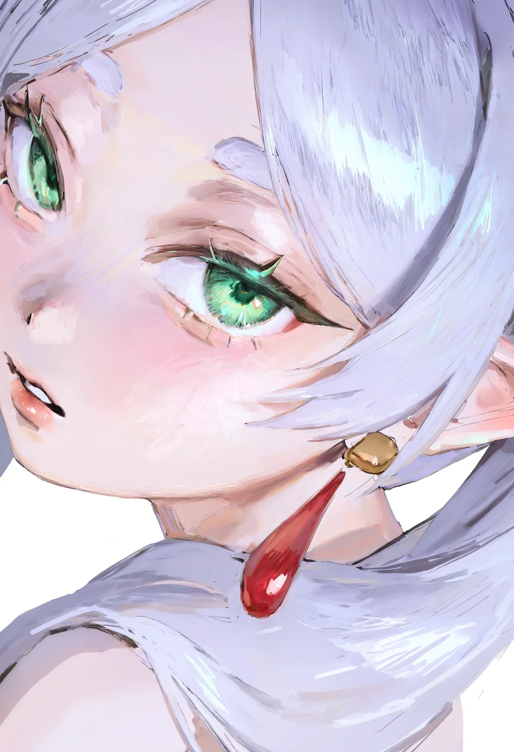 <lora:bGV0c2ZpbmFsYW5zd2Vy-noobaiXLNAIXL_epsilonPred_V110_V1-CAME>, bGV0, frieren, 1girl, pointy ears, solo, elf, earrings, jewelry, looking at viewer, portrait, parted lips, green eyes, drop earrings, close-up, long hair, white hair, parted bangs, grey hair, simple background, white background, dangle earrings, twintails