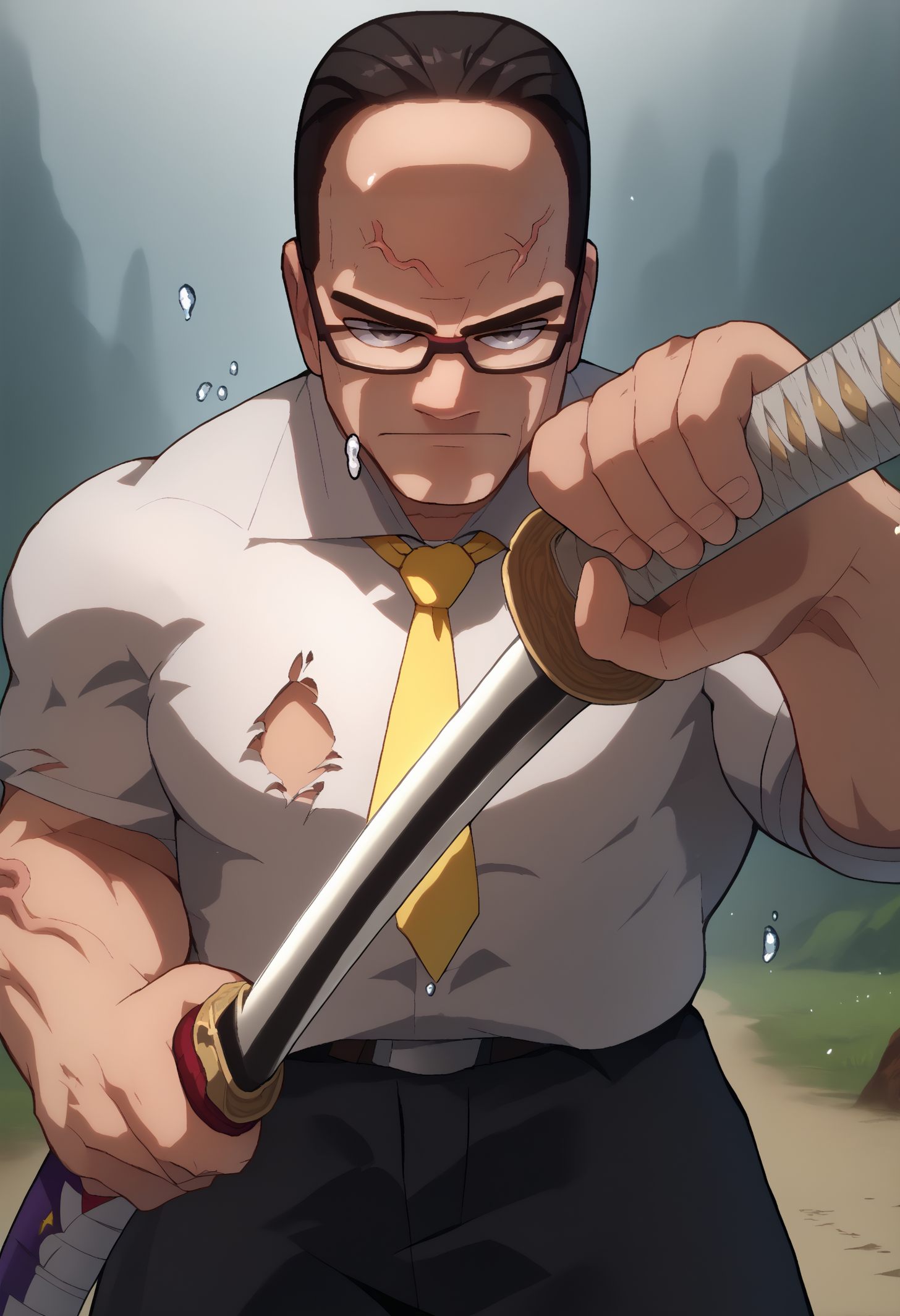 score_9, score_8_up, score_7_up, BREAK 1boy, SenArmStrong, grey eyes, black hair, buzz cut, glasses, manly, <lora:SenatorArmstrongPDXL_V1-Manityro-CAME:1> , muscular male, veins, serious, white shirt, torn shirt, yellow necktie, black pants, <lora:KagurabachiPose_XLPD:1.5>, IncrsUnsheathingAKatanaMeme, sheath, holding sheath, katana, hand up
