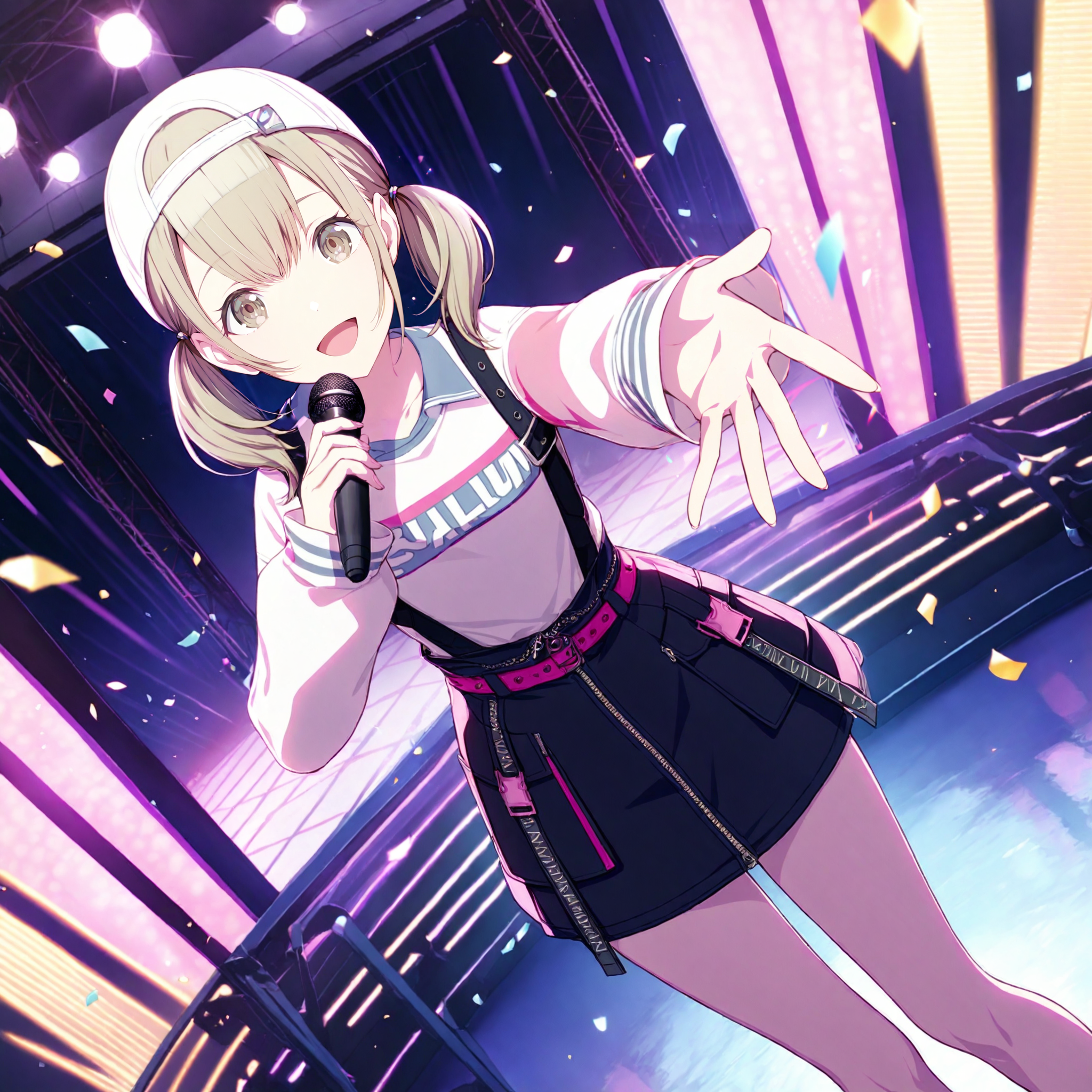 masterpiece, high score, great score, absurdres, official art,
1girl, azusawa kohane, project sekai, solo,
brandnew kohane, low twintails, blonde short hair, beige eyes, hair between eyes,
(looking at viewer:1.4), standing, dutch angle, :D, singing, (holding microphone:1.2), reaching towards viewer, perfect hand, BREAK
white long sleeves, white cap backwards,  pink belt, black skirt, printed sleeves, zipper, denim skirt, striped, clothes writing, suspender skirt, sleeves past wrists, suspenders, pocket, zipper pull tab, shirt tucked in, wing navy collar, buckle, miniskirt,
stage, stage light, neon light, confetti-flurry, psyllium,
<lora:xl40-vbs-BNKh01:0.8>, <lora:hand 5.5:1>