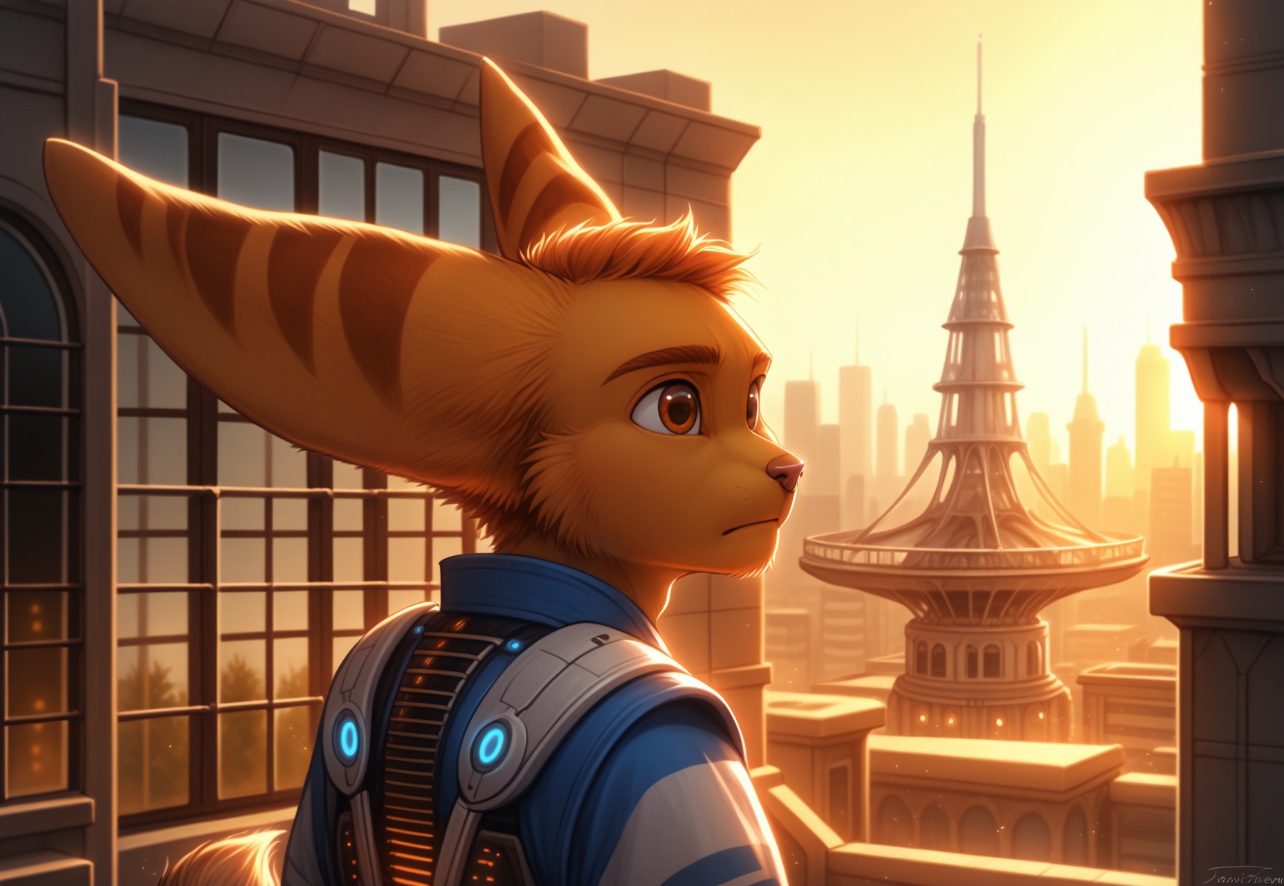 safe_pos, 1boy, solo. alone, , long ears, tail,, ,  trending on ArtStation, cartoon,, science fiction, building, architecture, ultra detailed, detailed, immersive,expression of feelings, imaginative, fur with interesting pattens,,)(oc Lombax), long ears, tail,, animal nose, shortstack, upper body, cartoon,running