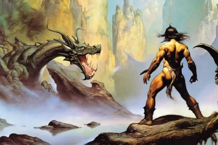 <lora:Fantasy_art_XL_V1:1> a man standing near a river, a dragon in the background, stunning fantasy art by boris vallejo