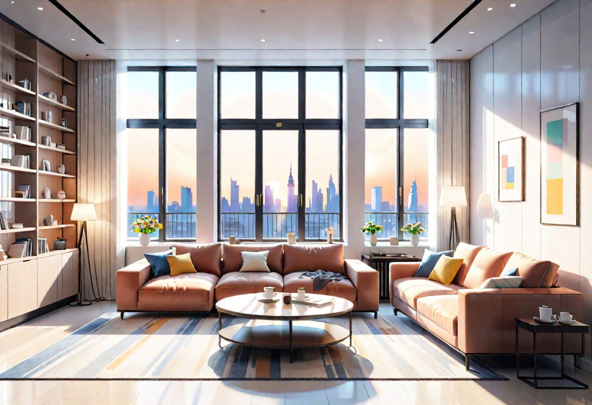 ((front view)), Shallow scene, ((animation style)), modern-style interior, with white walls, (large windows), a  study, Sofa, coffee table, bookcase, single wall, 
warm light morning sun, (City high-rise building scenery)