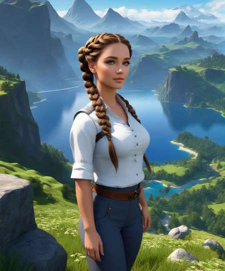 Terragen , a gorgeous woman, braided pigtails , beautiful massive landscape, epic scenery, Terragen