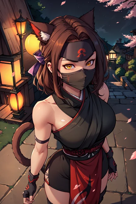 (masterpiece, best quality, absurdres, 4k, aesthetic, detailed, intricate),cinematic angle,from above,night,,cherry blossoms,1girl,FemmeMiq,cat ears,((ninja mask,mouth mask)),ninja outfit,brown hair,fingerless gloves,yellow eyes,facing viewer,headband <lora:FemMiqote:0.8>